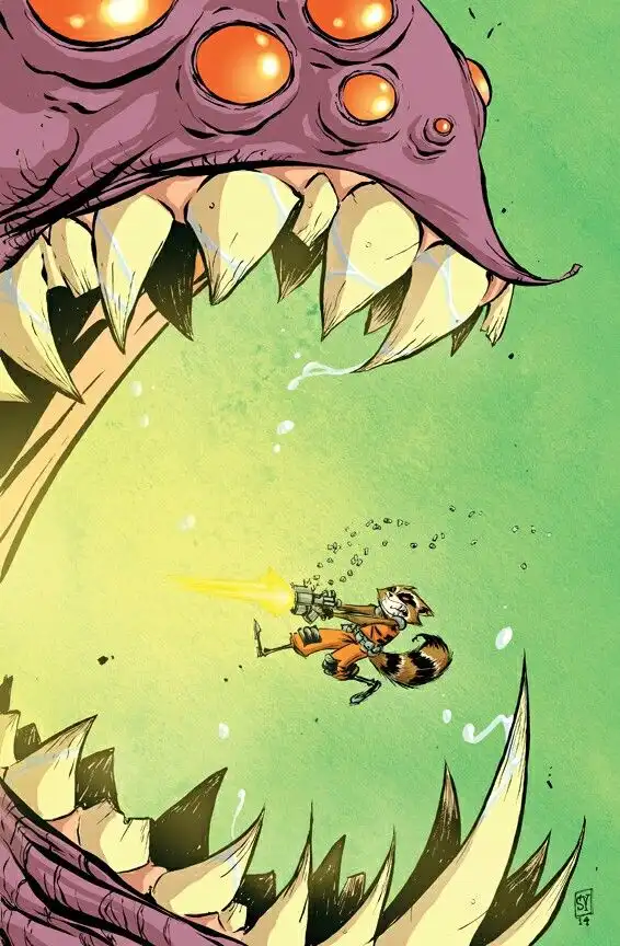A small, orange-furred raccoon-like character in a spacesuit fires a yellow energy weapon while floating in a greenish…