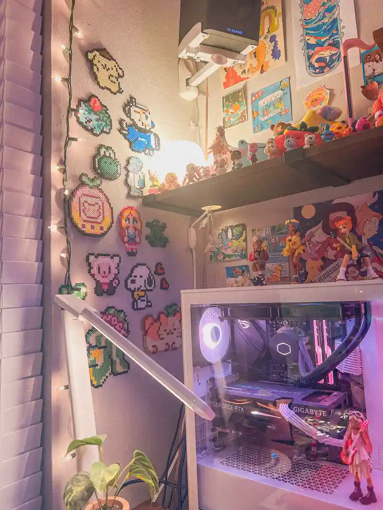 A cozy, personalized room corner features a transparent gaming PC case with glowing internal components and brand logos like…