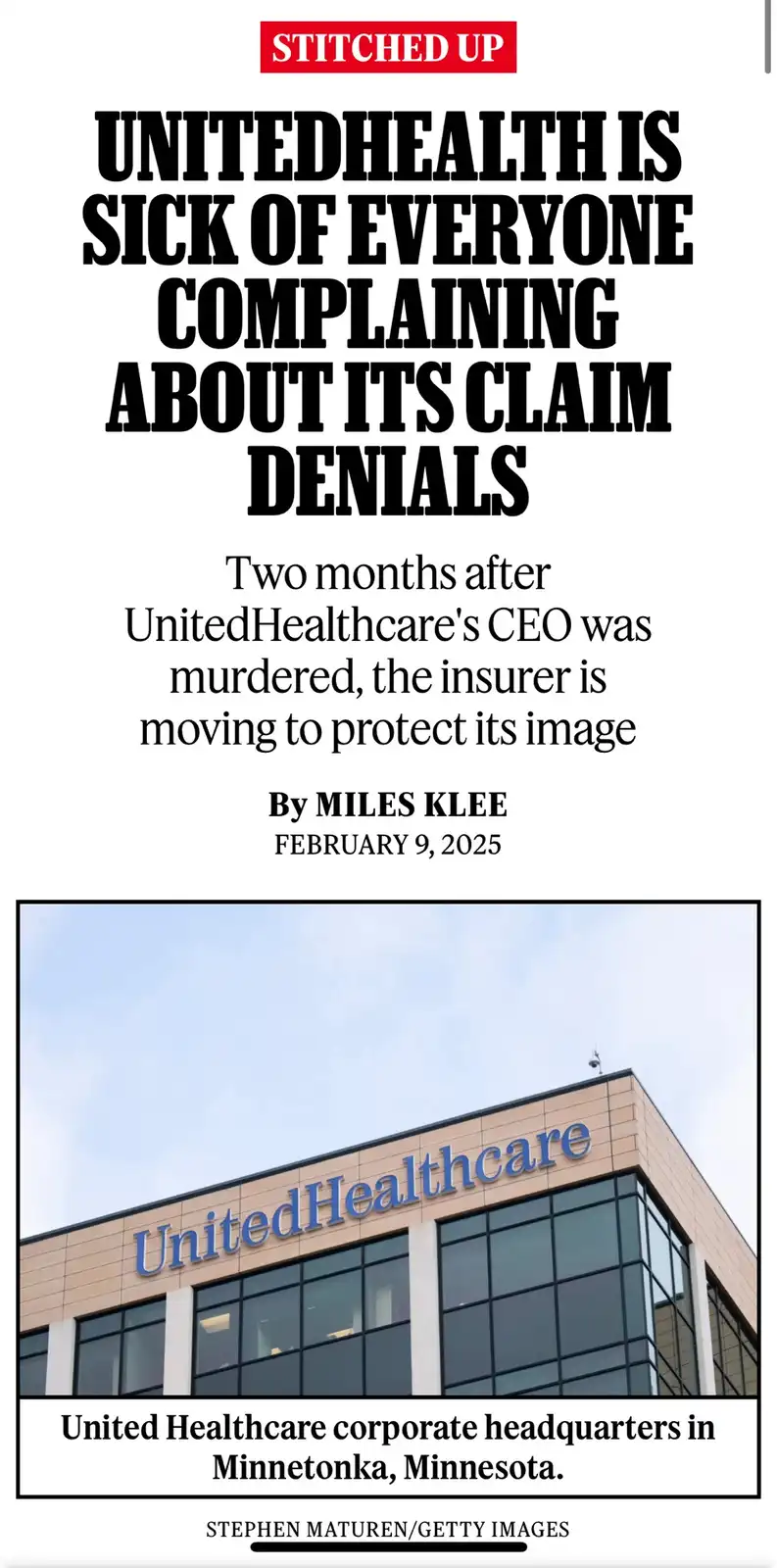 The image displays a mock newspaper article with a headline reading 'UNITEDHEALTH IS SICK OF EVERYONE COMPLAINING ABOUT ITS…