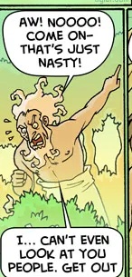 A cartoon man with wild hair and a muscular build is visibly disgusted, pointing angrily while yelling 'AW NOOO! COME ON…