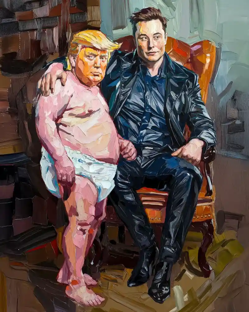 An oil painting style image shows two men seated together on a wooden chair. The man on the right, wearing a black leather…