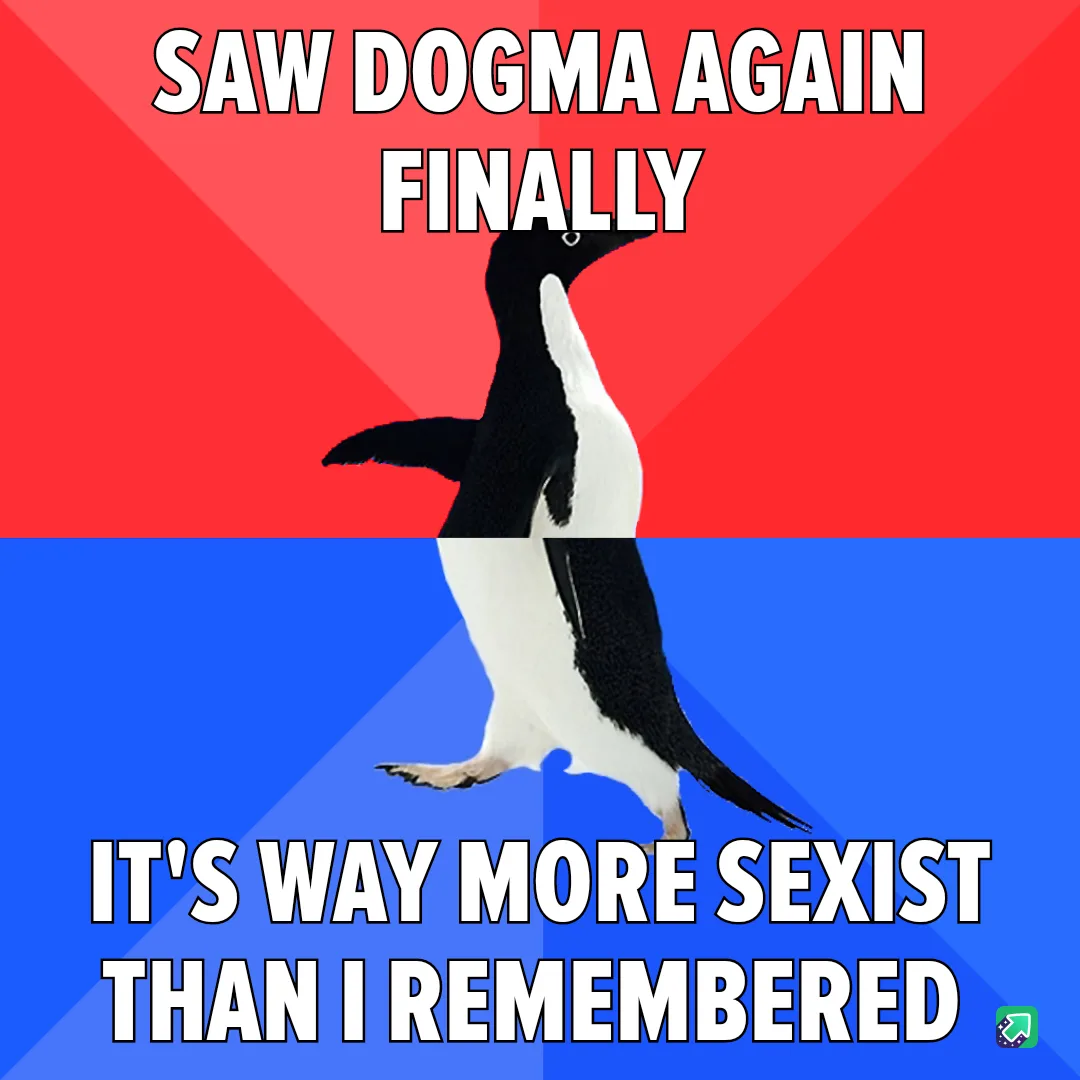 A penguin stands centered against a red and blue background, with bold white text overlaid. The top text reads 'SAW DOGMA…