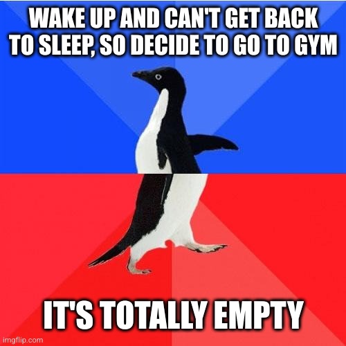 A black-and-white penguin stands in the center of a split blue and red background, looking slightly confused or resigned…