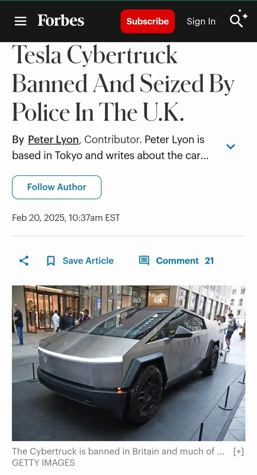 A screenshot of a Forbes article headline about the Tesla Cybertruck being banned and seized by UK police, featuring a photo…