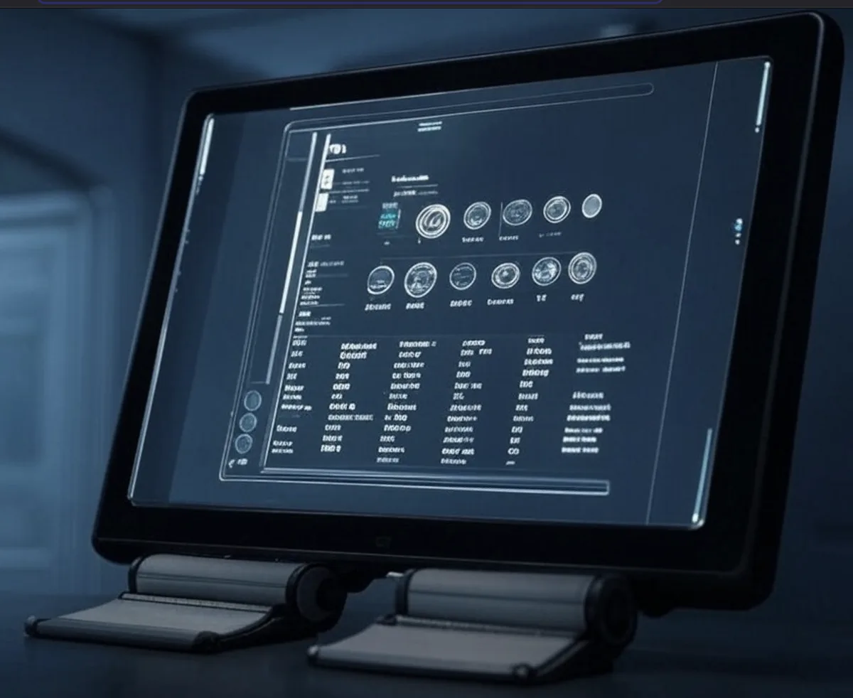 A sleek, futuristic tablet displays a complex, sci-fi interface with circular icons and dense data fields, overlaid with the…