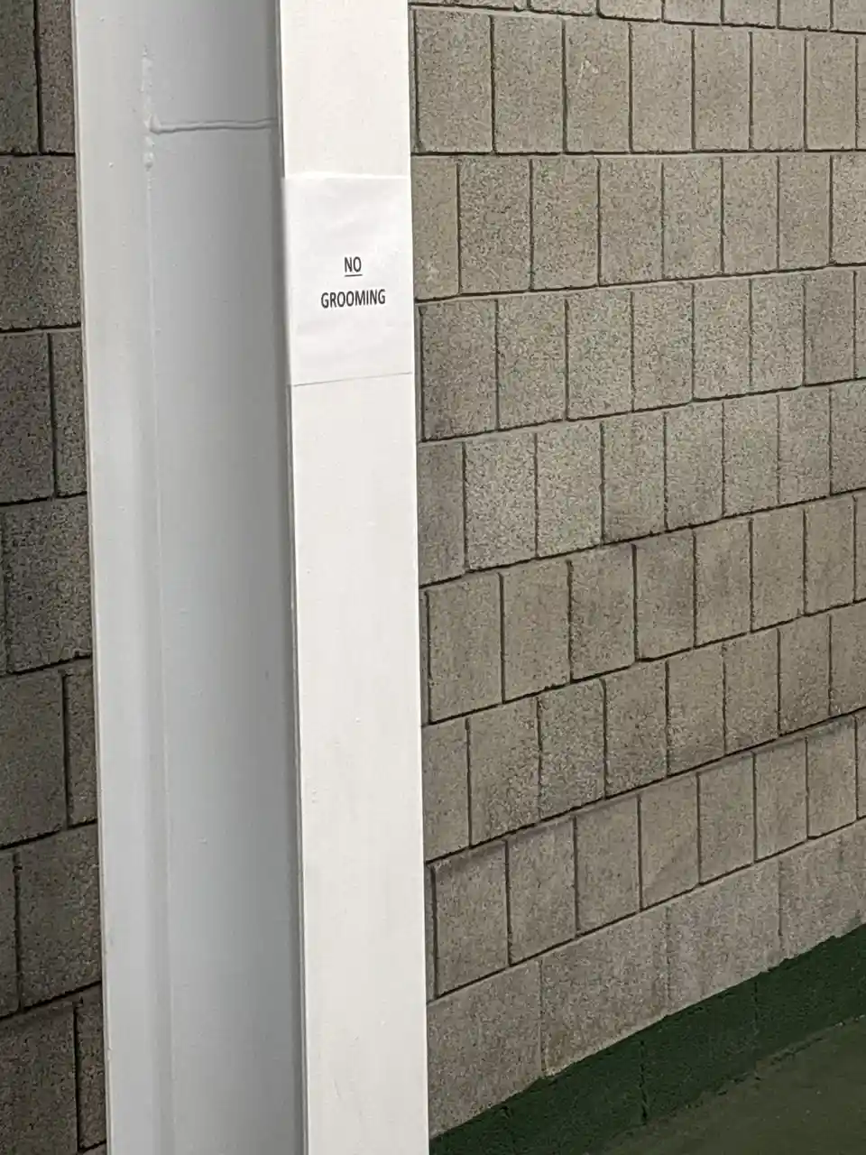 A close-up photo shows a small white paper sign taped to a white vertical post next to a gray brick wall. The sign has the…