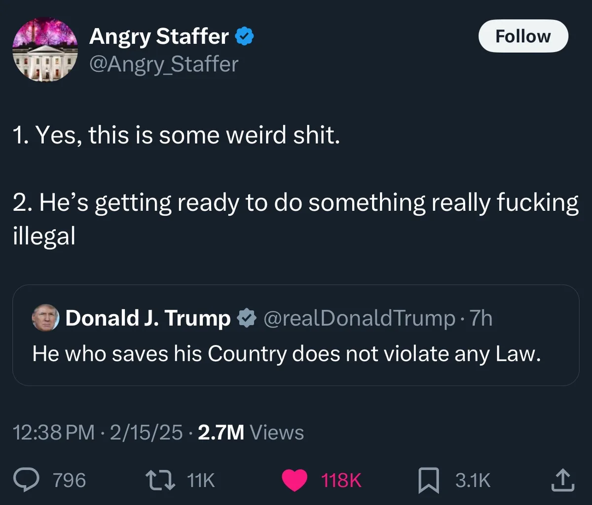 A screenshot of a Twitter post by 'Angry Staffer' showing two numbered statements: '1. Yes, this is some weird shit.' and…