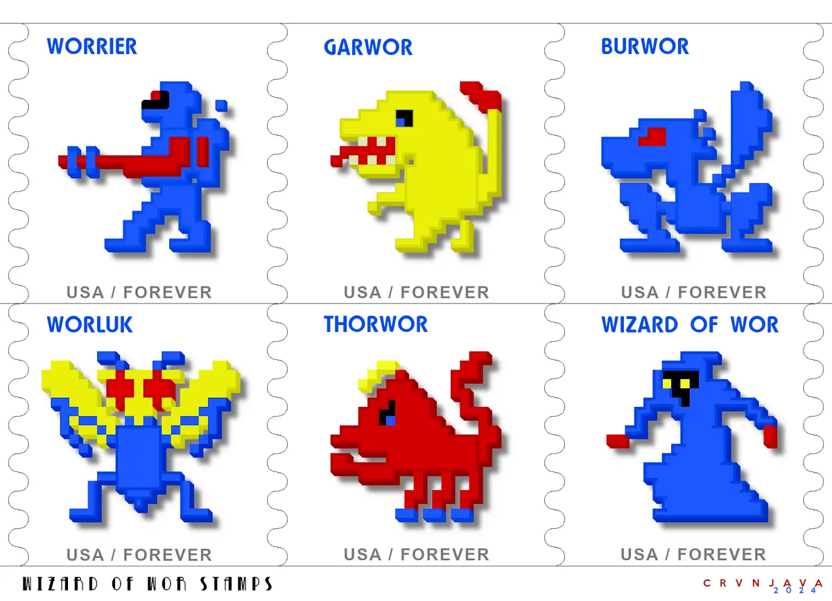 Six postage stamp-style images display pixelated characters from the game 'Wizard of Wor,' each with a name that creatively…