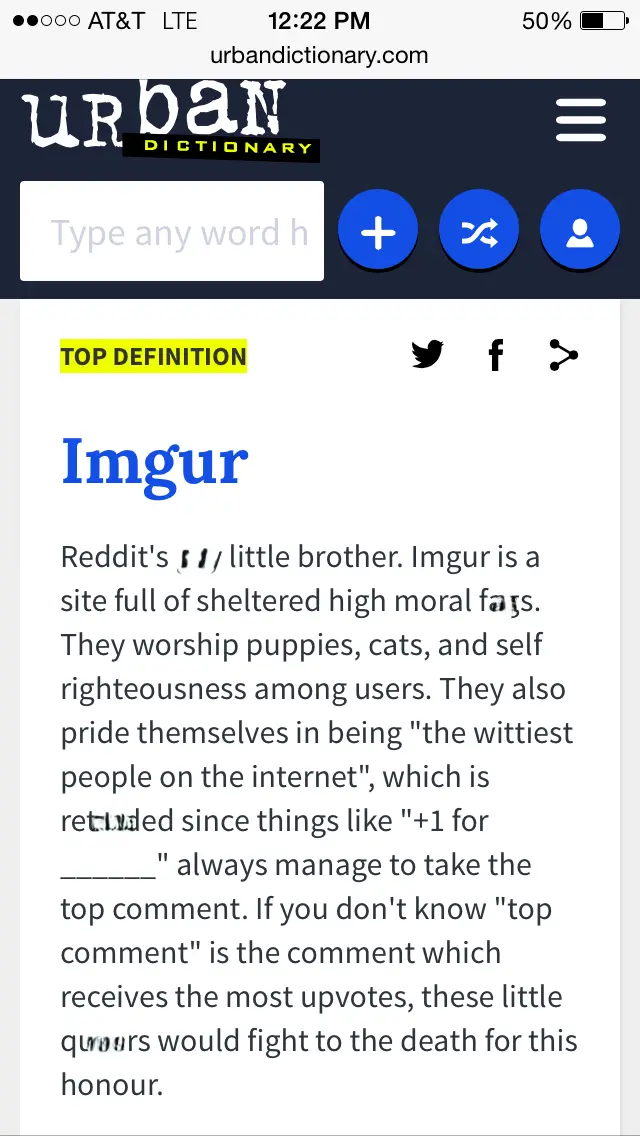 A screenshot of an urban dictionary entry for 'Imgur' with a satirical definition mocking the site's users as sheltered…