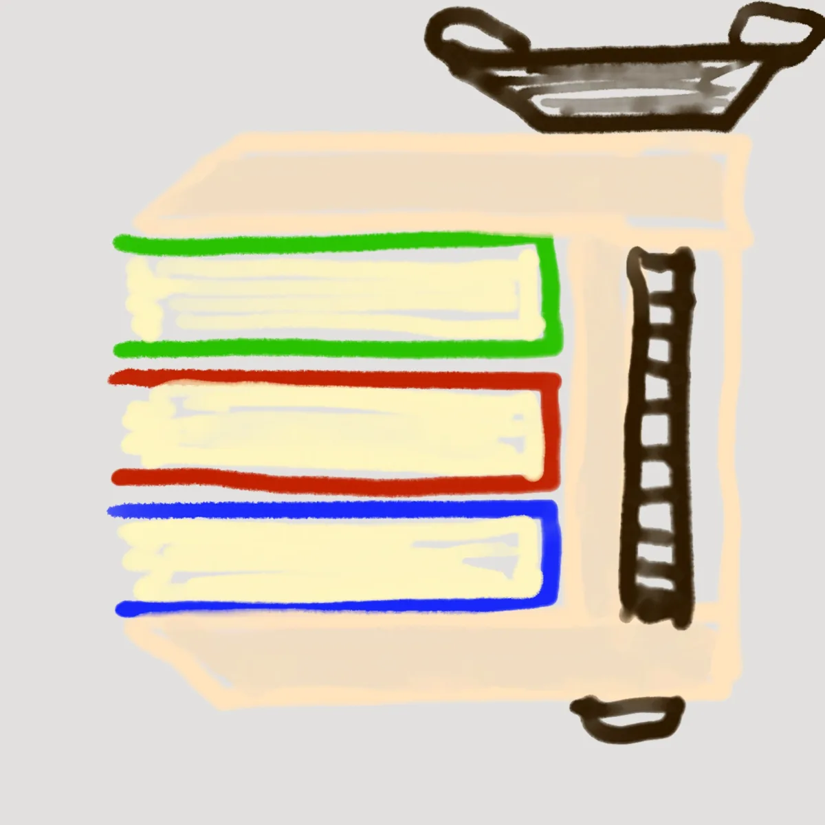 A hand-drawn illustration shows a stack of three books with green, red, and blue spines, placed inside a beige bookshelf. A…