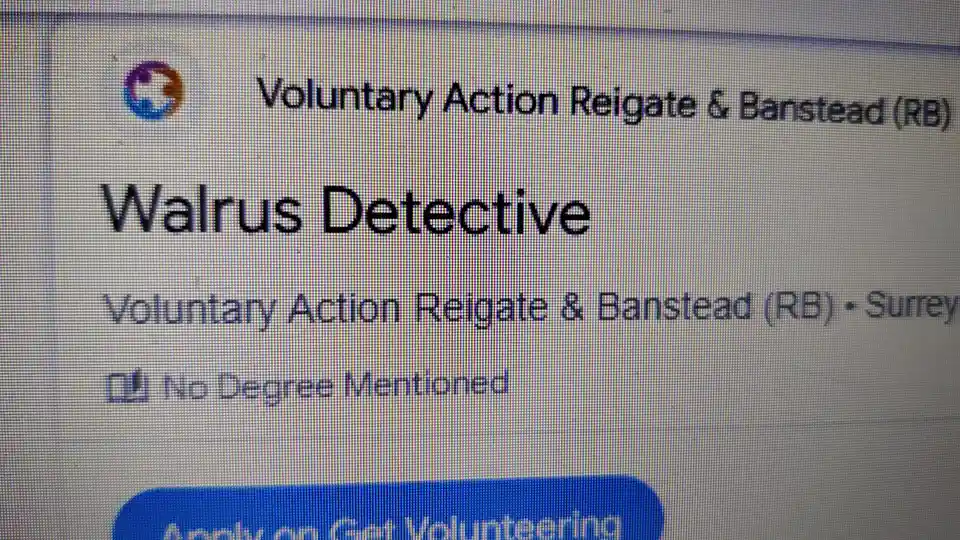 A screenshot of a computer screen showing a volunteer job listing from 'Voluntary Action Reigate & Banstead (RB)' for a…