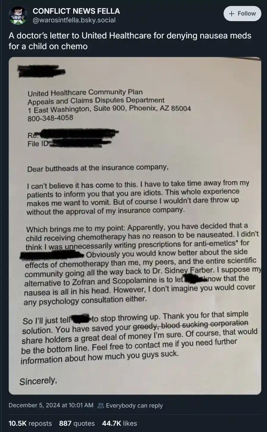 A screenshot of a doctor's sarcastic letter to United Healthcare's appeals department, complaining about denying anti-nausea…