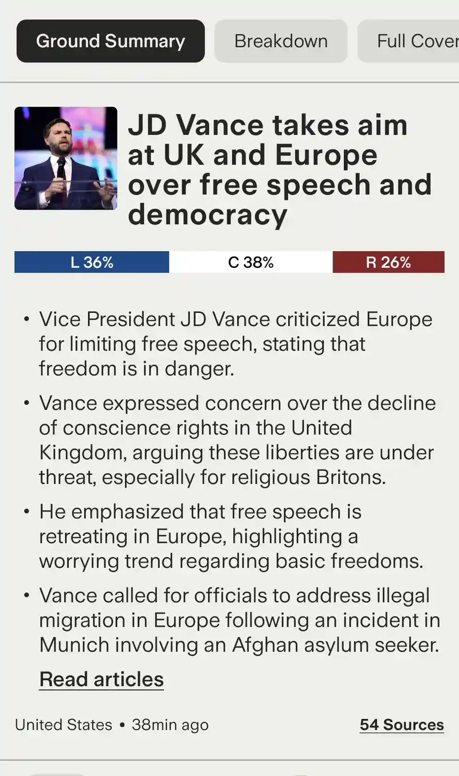 A screenshot of a news summary about JD Vance criticizing the UK and Europe over free speech and democracy, showing his…