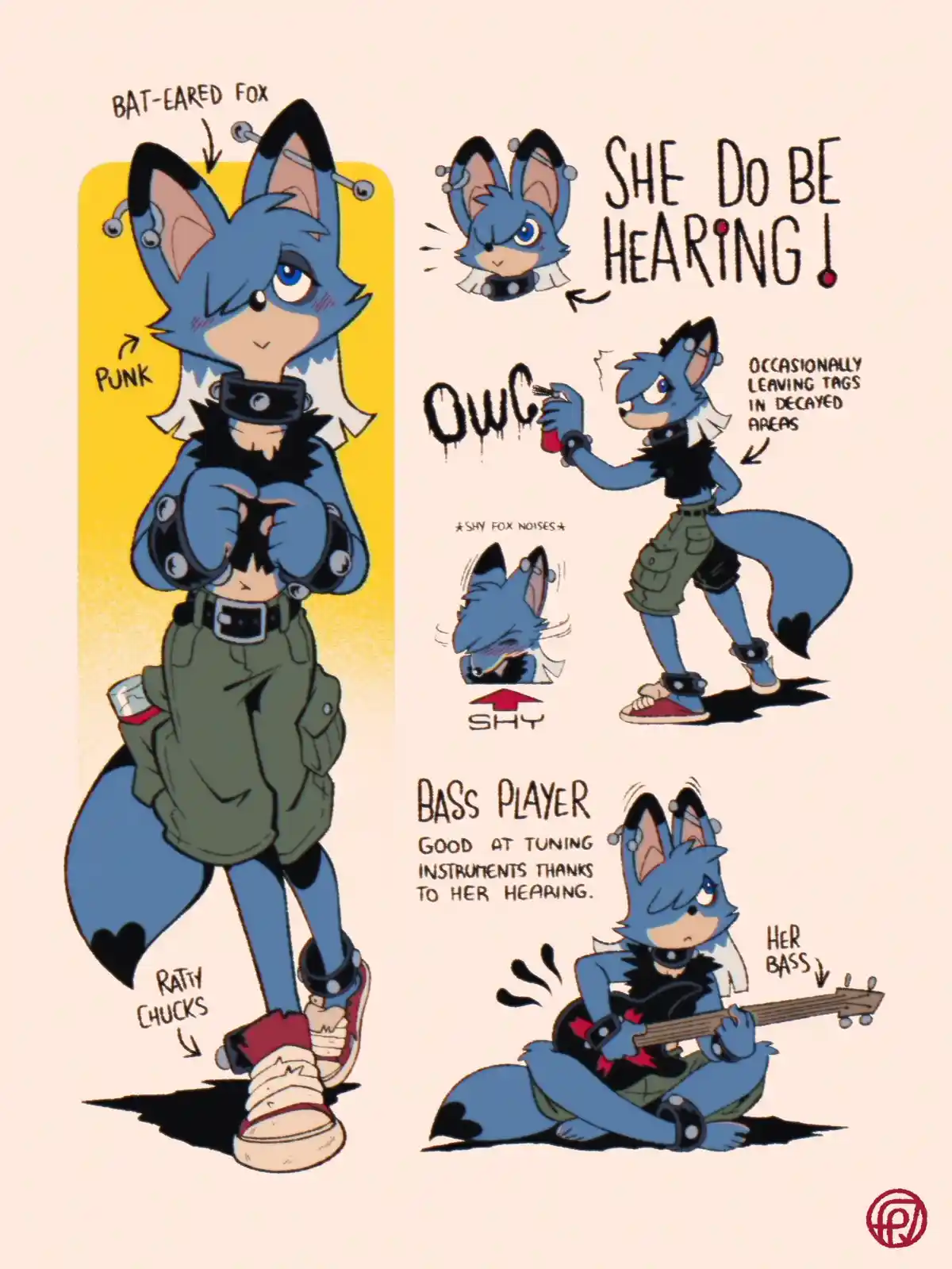A character sheet for a blue anthropomorphic fox with bat-like ears, punk attire, and a bass guitar. The sheet includes…