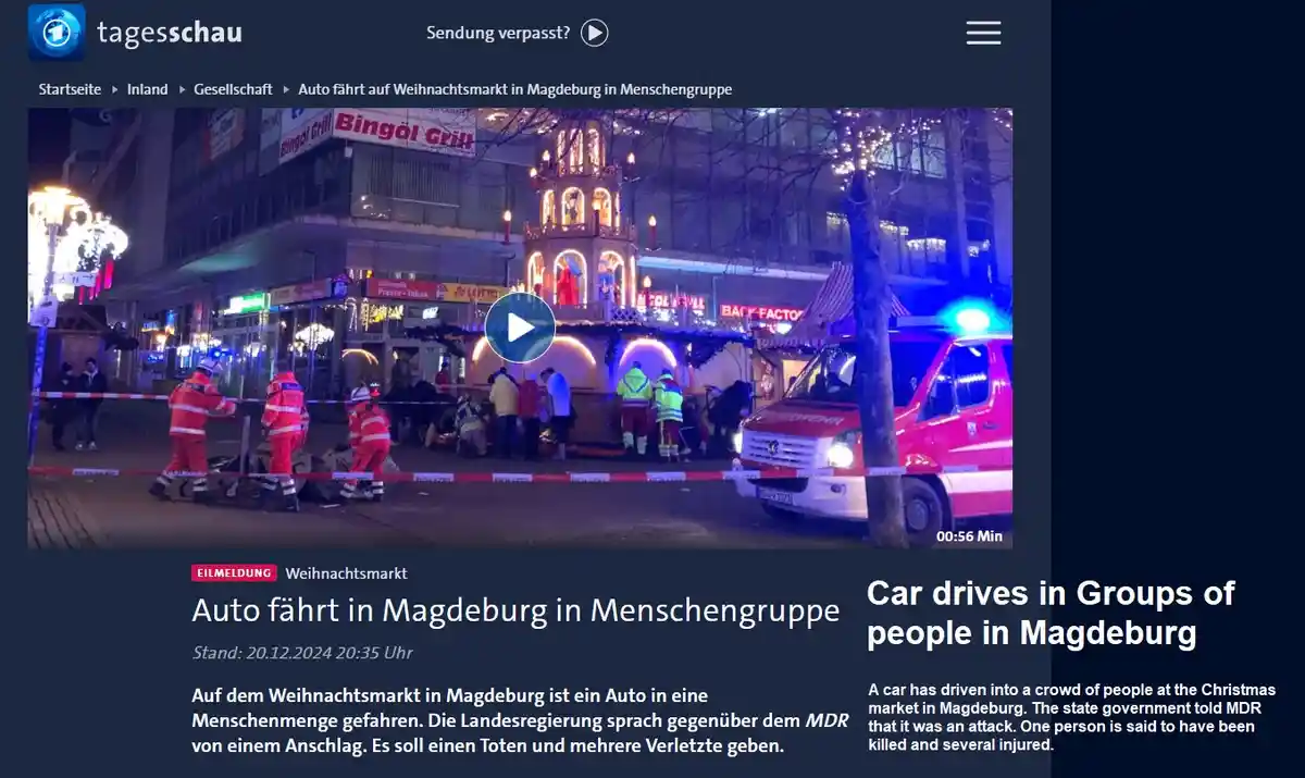 A screenshot of a German news website showing a video thumbnail of emergency responders at a Christmas market in Magdeburg…