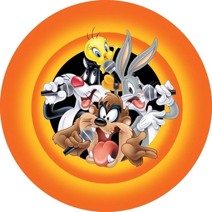 Four Looney Tunes characters—Bugs Bunny, Tweety Bird, Sylvester the Cat, and Taz—are shown in a circular orange gradient…