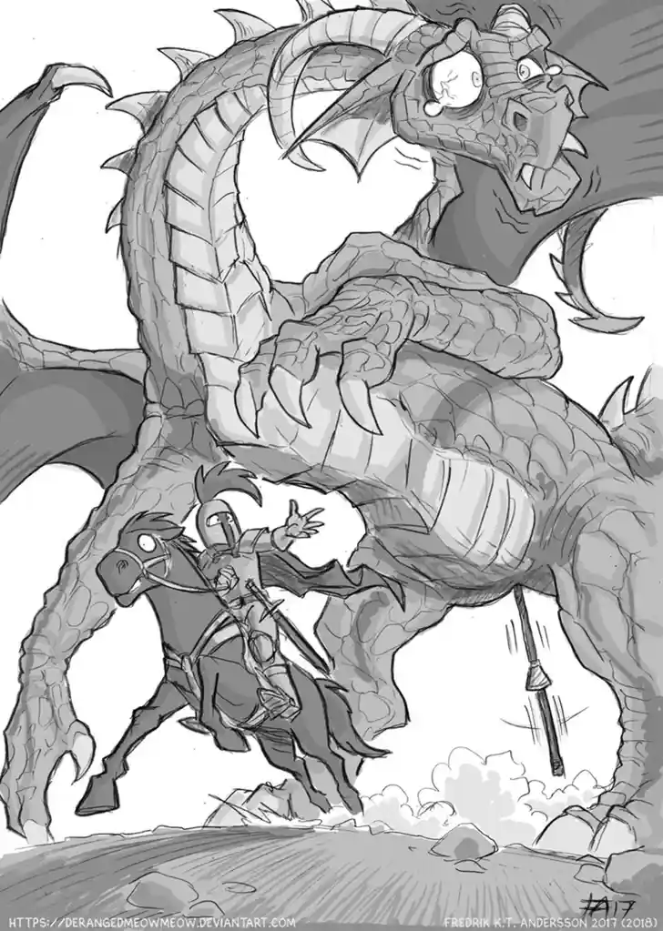 A black-and-white fantasy illustration shows a knight on horseback facing a large, menacing dragon. The knight, wearing…