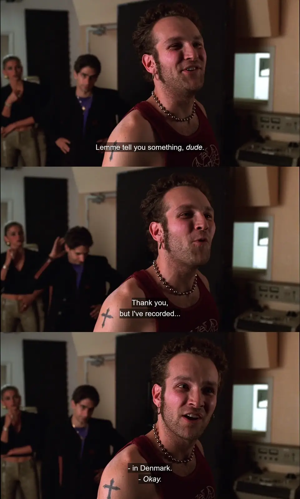 A three-panel meme from the movie 'The Big Lebowski' showing a man in a red tank top with a cross tattoo on his arm. He…