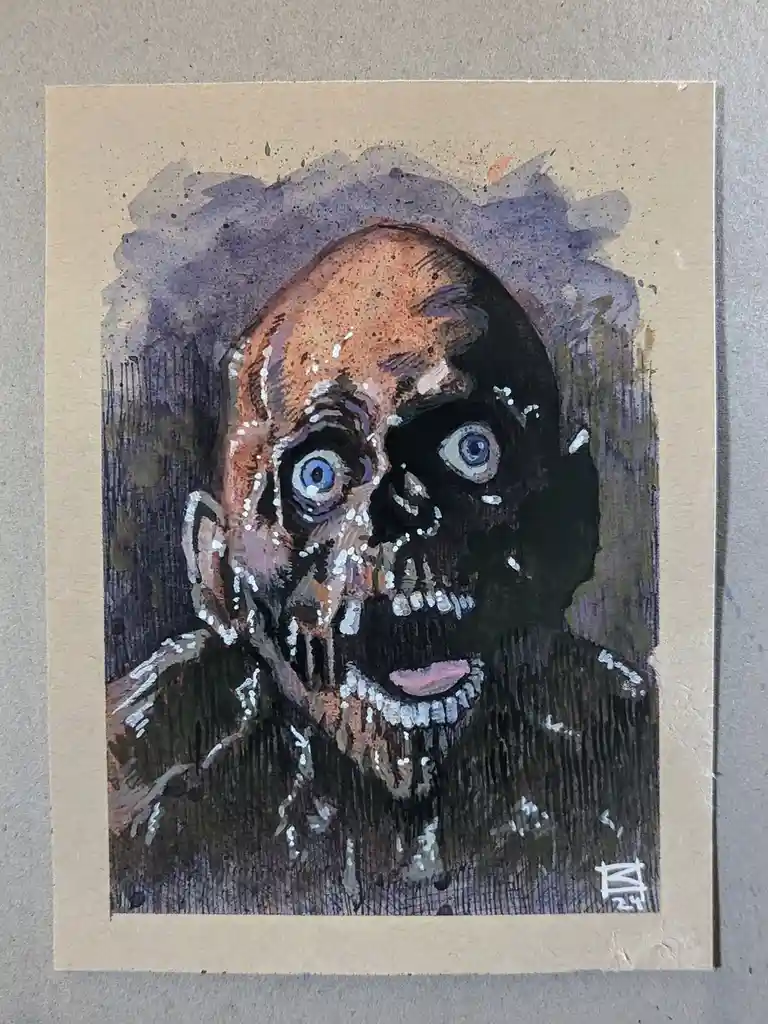 A watercolor painting depicts a grotesque, half-skeletal humanoid face with wide, terrified blue eyes, exposed teeth, and a…