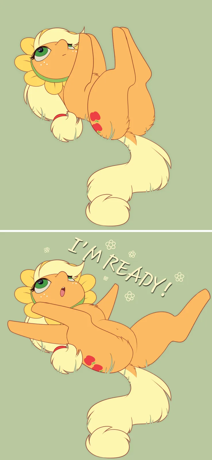A two-panel cartoon of a yellow, flower-themed anthropomorphic pony with green eyes and a red apple tattoo on her flank. In…