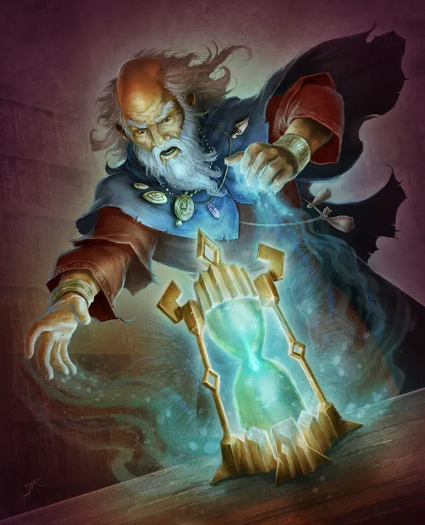 An elderly, bearded wizard in a blue and red robe with a stern expression is reaching toward a glowing, ornate hourglass…