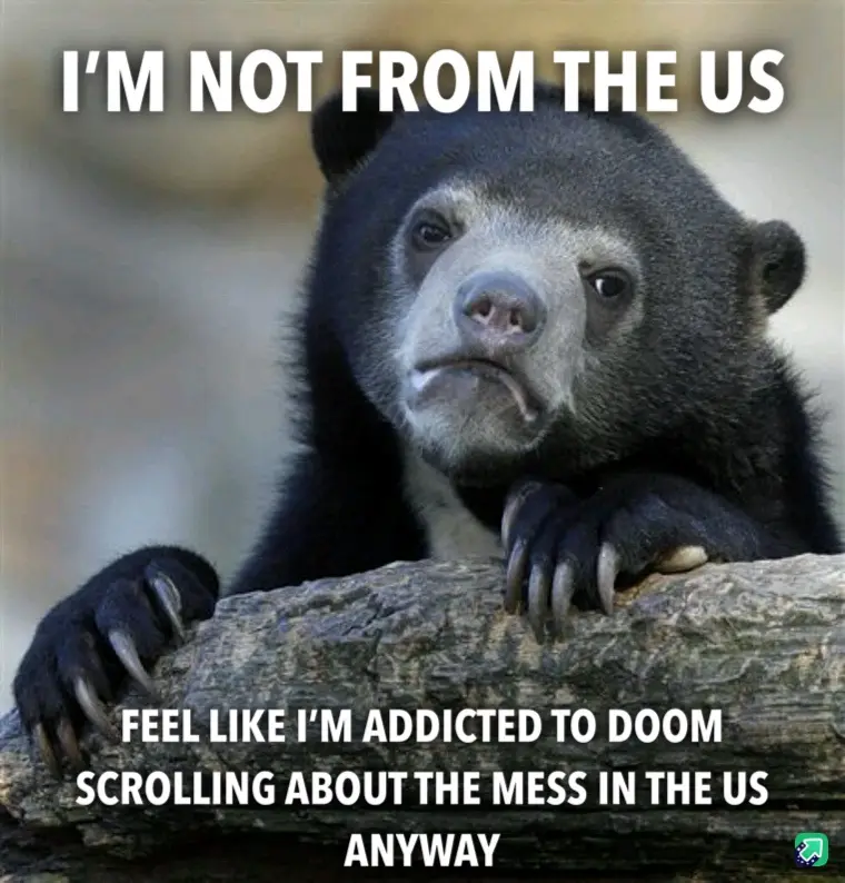 A close-up photo of a spectacled bear with a weary, resigned expression, resting its paws on a log. White bold text overlaid…