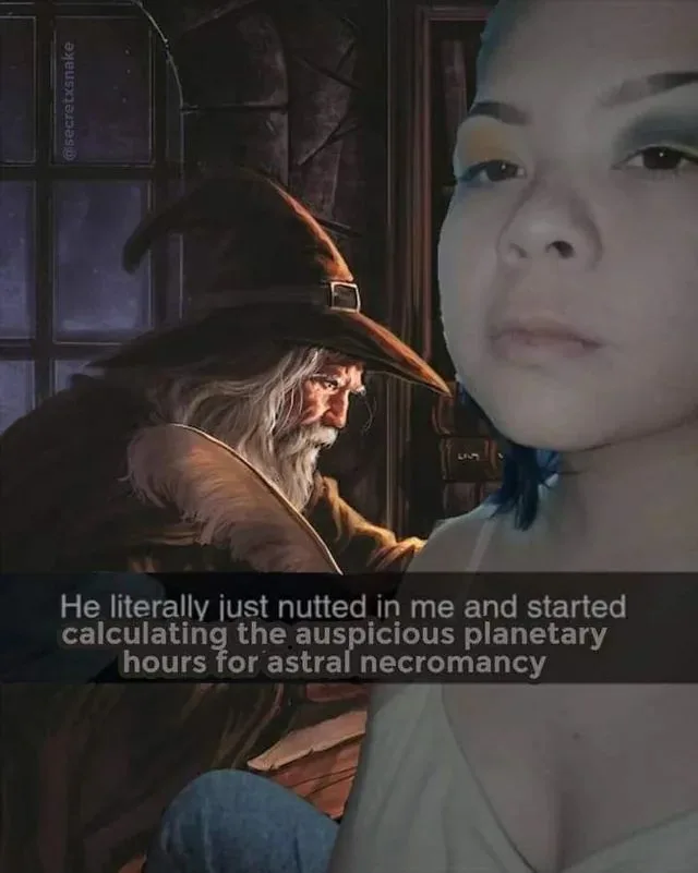A split image shows a serious-looking woman on the right and a wizard from a fantasy game on the left. A black text bar…