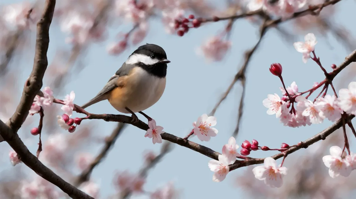 A small black-capped chickadee perches on a cherry blossom branch against a soft blue sky, surrounded by pink flowers and…