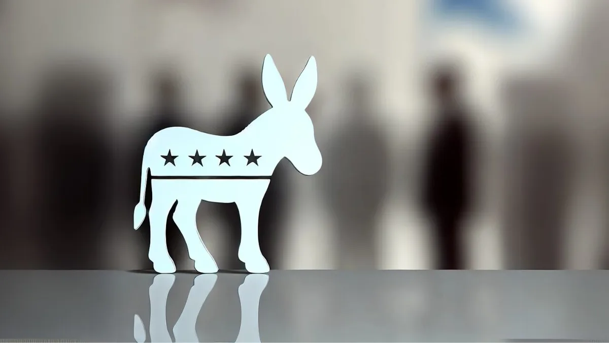 A white cutout silhouette of a donkey with four black stars on its back stands on a reflective surface, with blurred human…