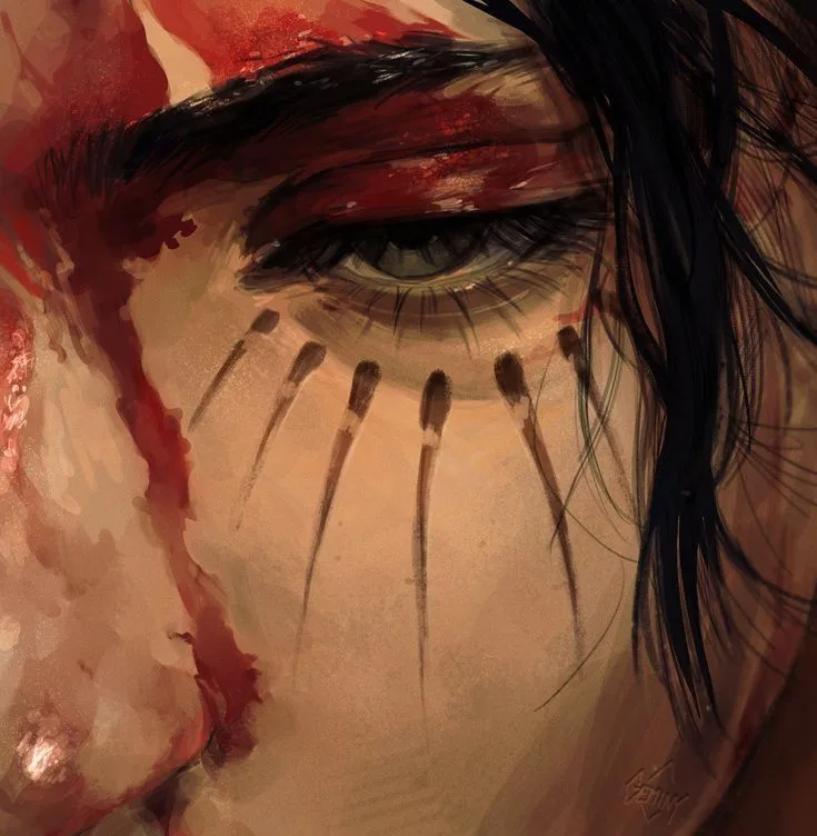 A close-up digital painting of a person's eye and cheek, showing blood streaks running down the face and five dark, vertical…