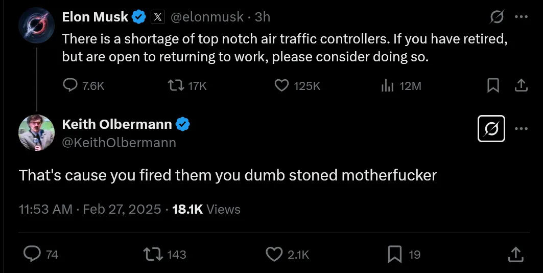 A screenshot of a Twitter thread shows Elon Musk's tweet about a shortage of air traffic controllers, followed by a reply…