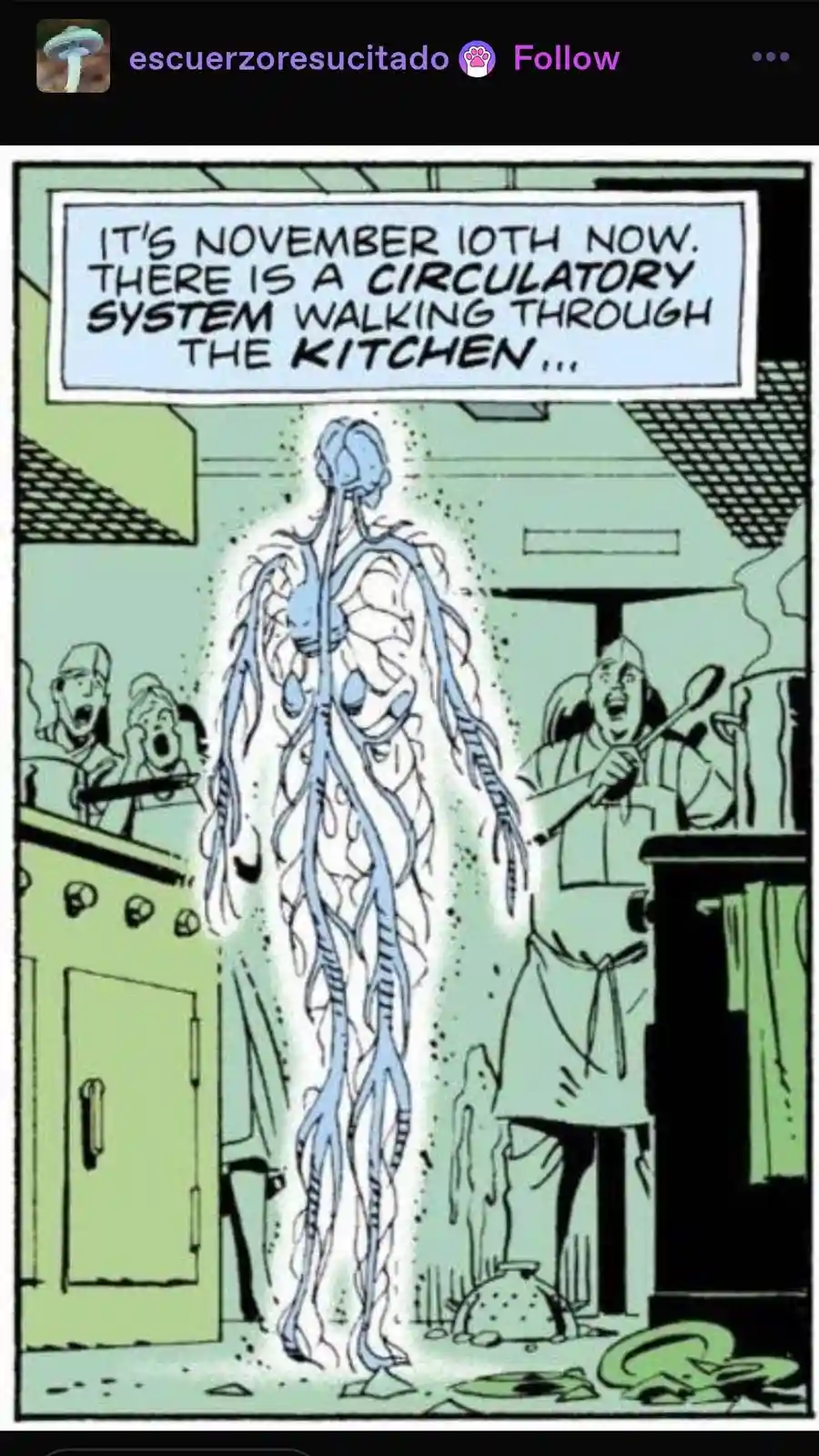 A comic panel shows a glowing, translucent human figure with visible blue circulatory system vessels walking through a…