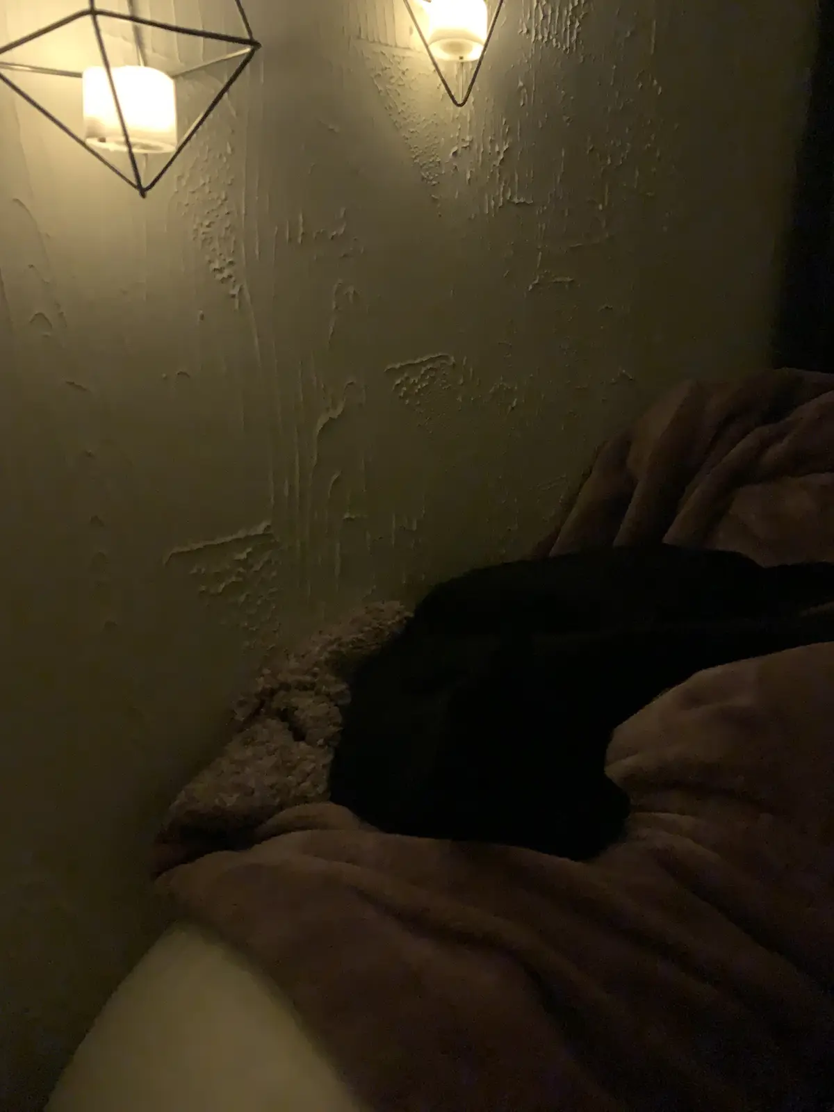 A dimly lit bedroom corner shows a black cat curled up asleep on a bed with pink and white blankets, under two geometric…