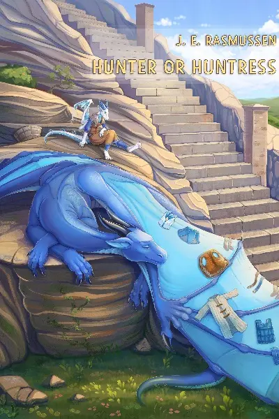A blue dragon lies on its side with its mouth open, revealing a small humanoid figure in armor sitting atop its head. The…