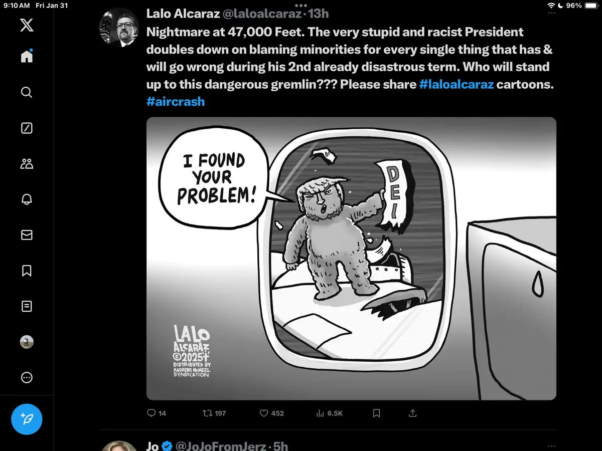 A black-and-white cartoon shows a furry, angry-looking creature resembling Donald Trump standing inside a broken airplane…