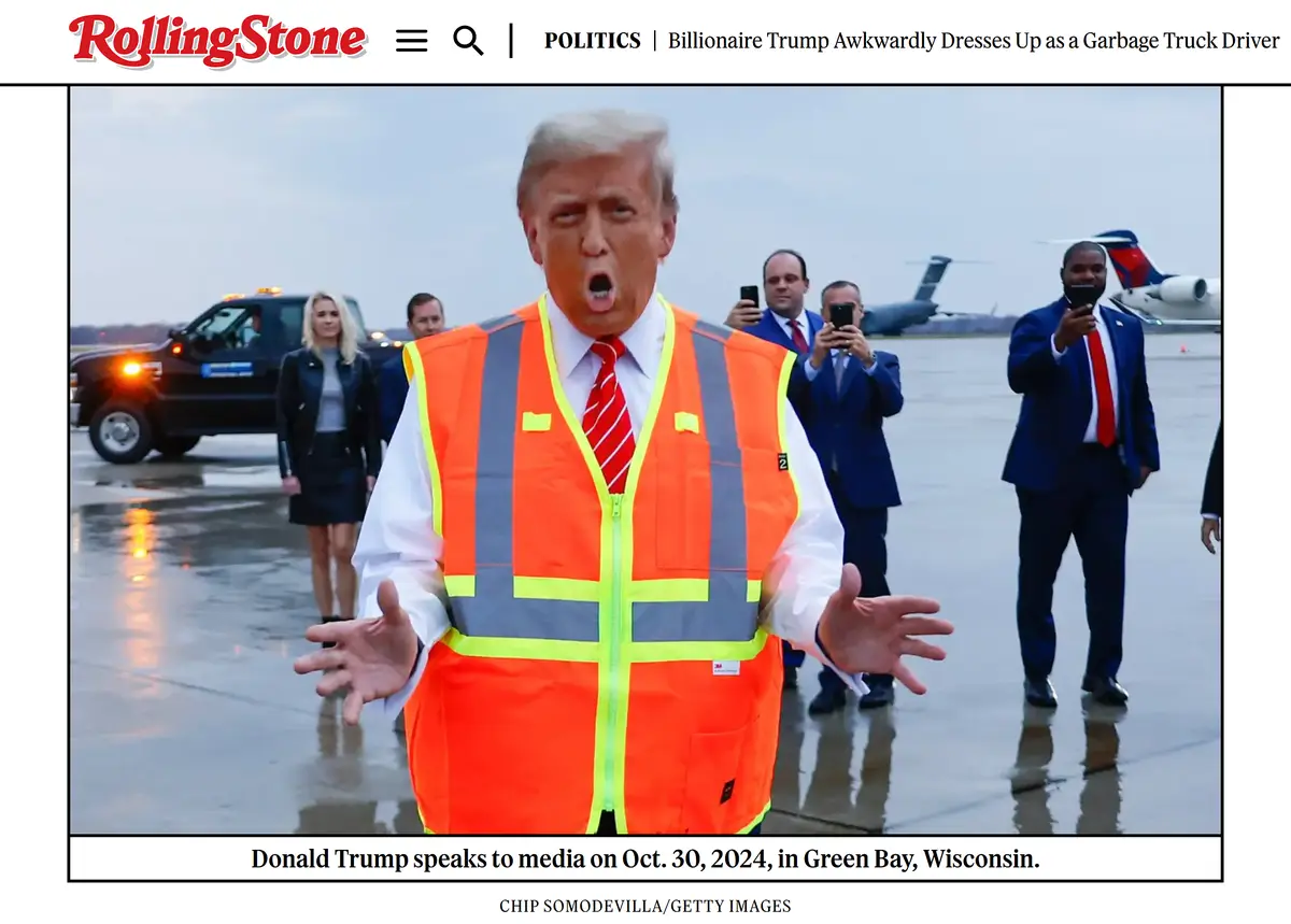 A man in a bright orange safety vest over a white shirt and red tie stands with his mouth open and hands outstretched on a…