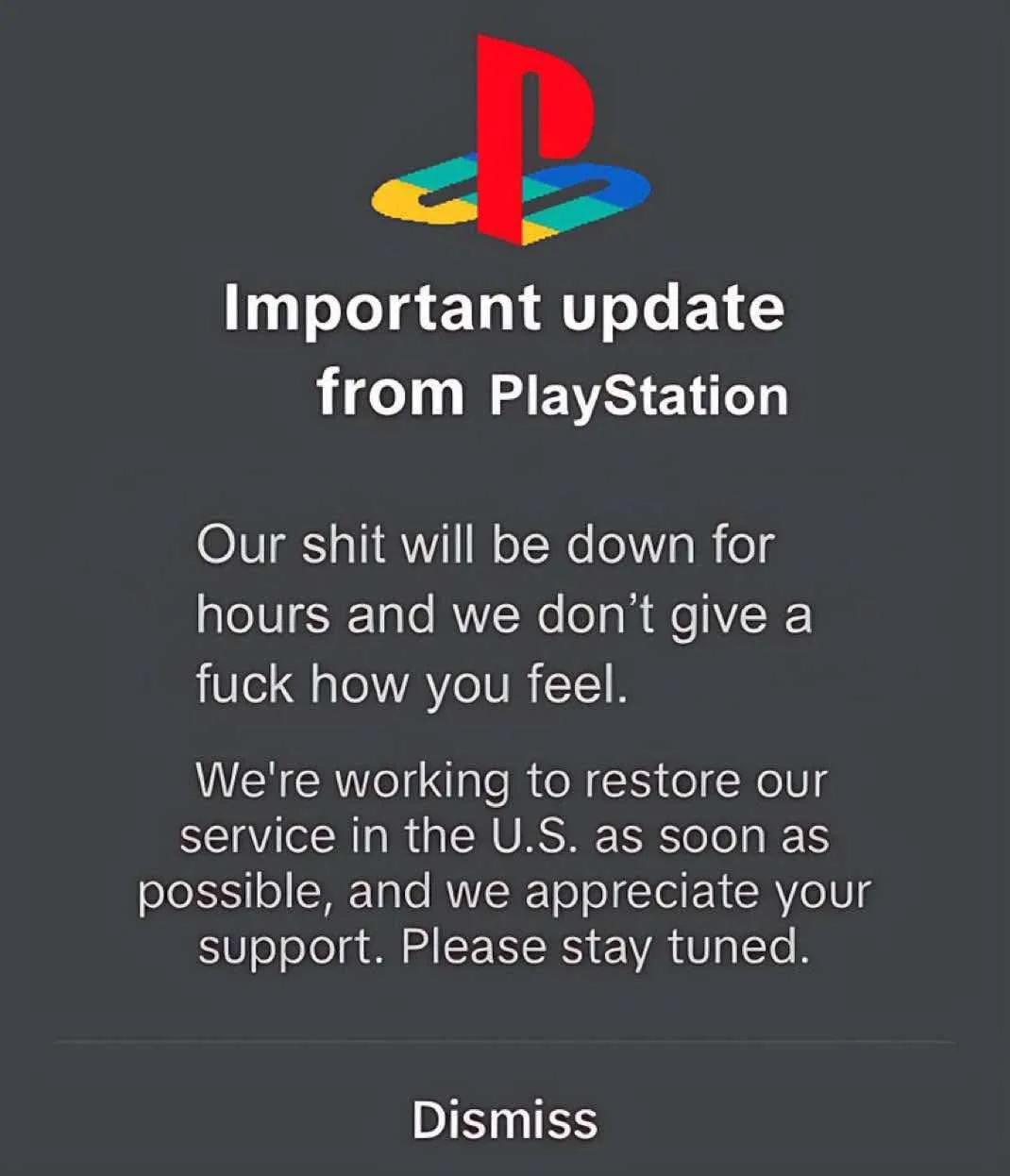 A PlayStation system update notification screen with the official PlayStation logo at the top. The text reads 'Important…