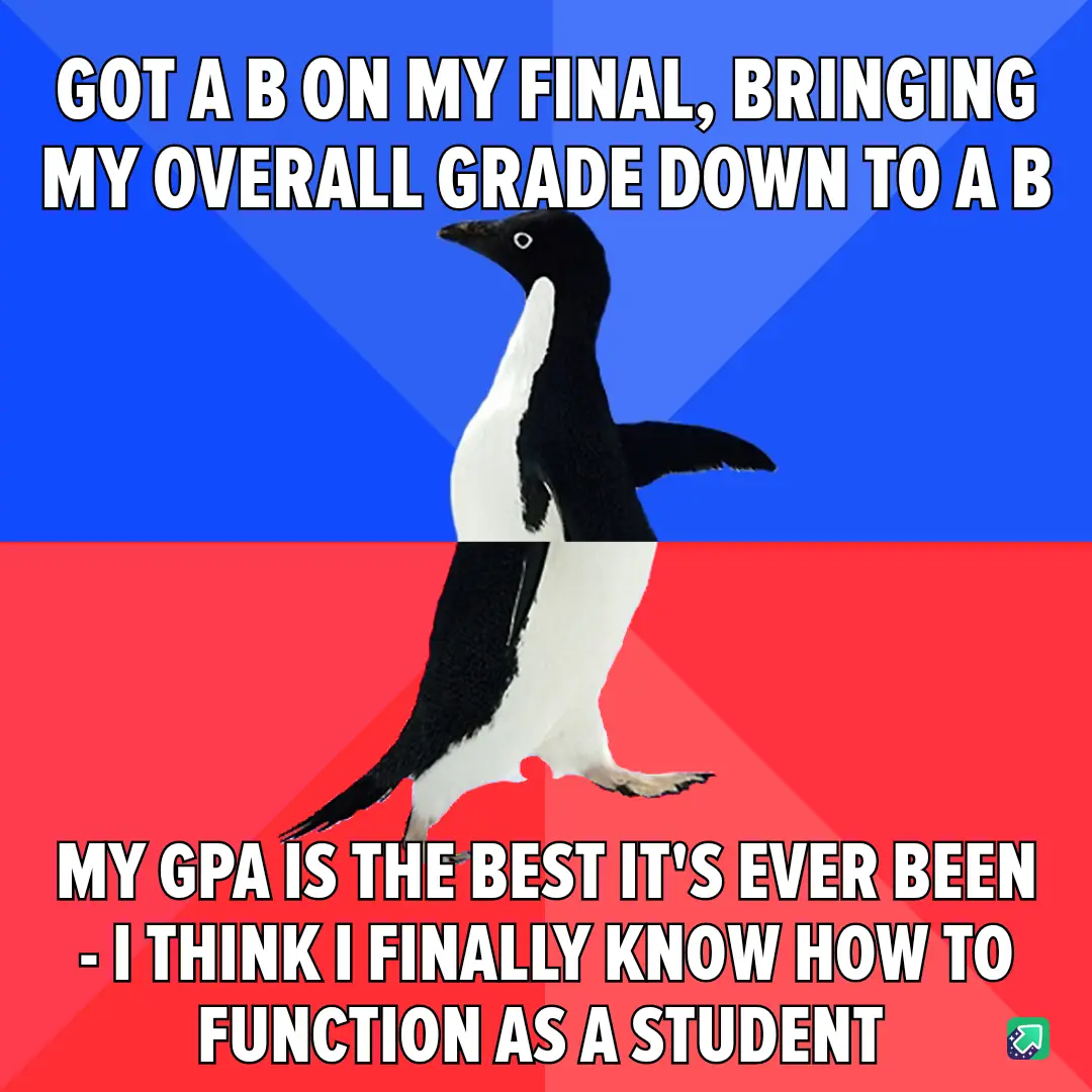 A penguin stands centered against a blue and red background, with white bold text overlaid in two sections. The top text…