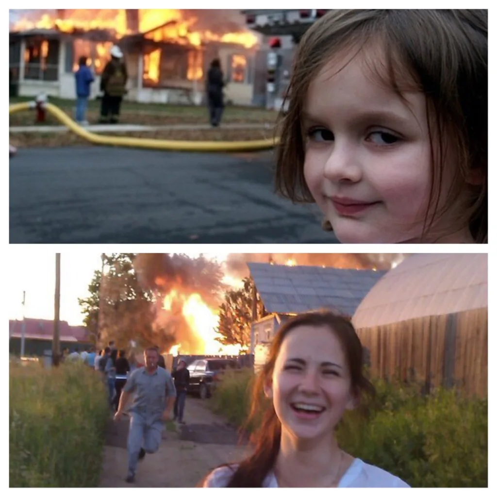 The image is split into two panels. The top panel shows a young girl with a calm, slightly smug expression as a house burns…
