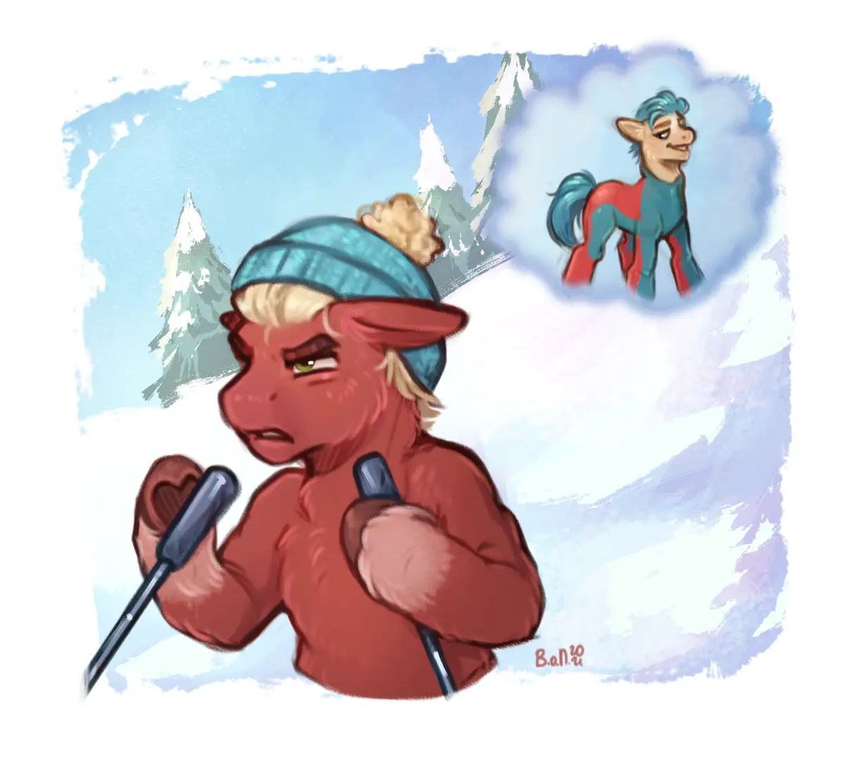 A red-skinned, muscular anthropomorphic pony with blonde hair and a blue beanie stands in a snowy landscape holding ski…