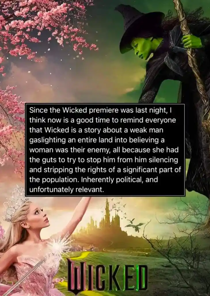 The image features a split-screen with the green-skinned Wicked Witch of the West from 'Wicked' at the top and a blonde…