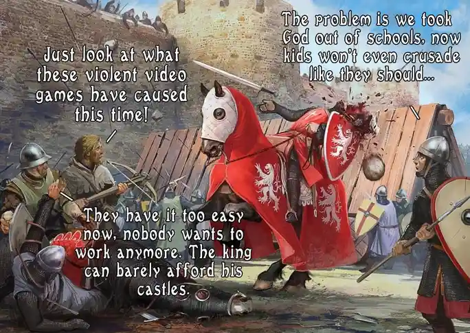 A medieval battle scene depicts knights and soldiers in armor fighting near a castle. One knight on a horse wearing a red…
