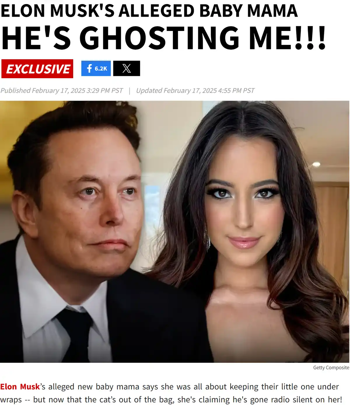 The image shows a composite photo of Elon Musk and a woman, styled as a fake news article header. The text overlay reads…