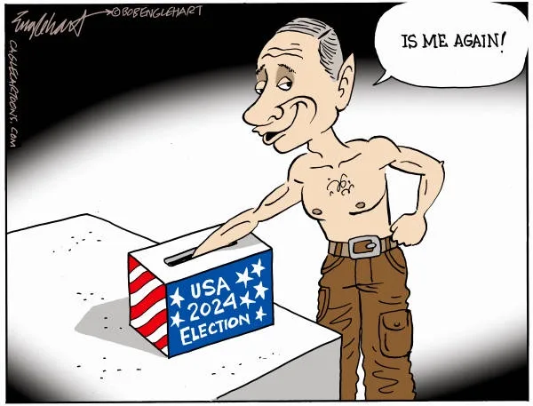 A cartoon caricature of Vladimir Putin, shirtless and wearing brown pants, is shown placing a ballot into a box labeled 'USA…