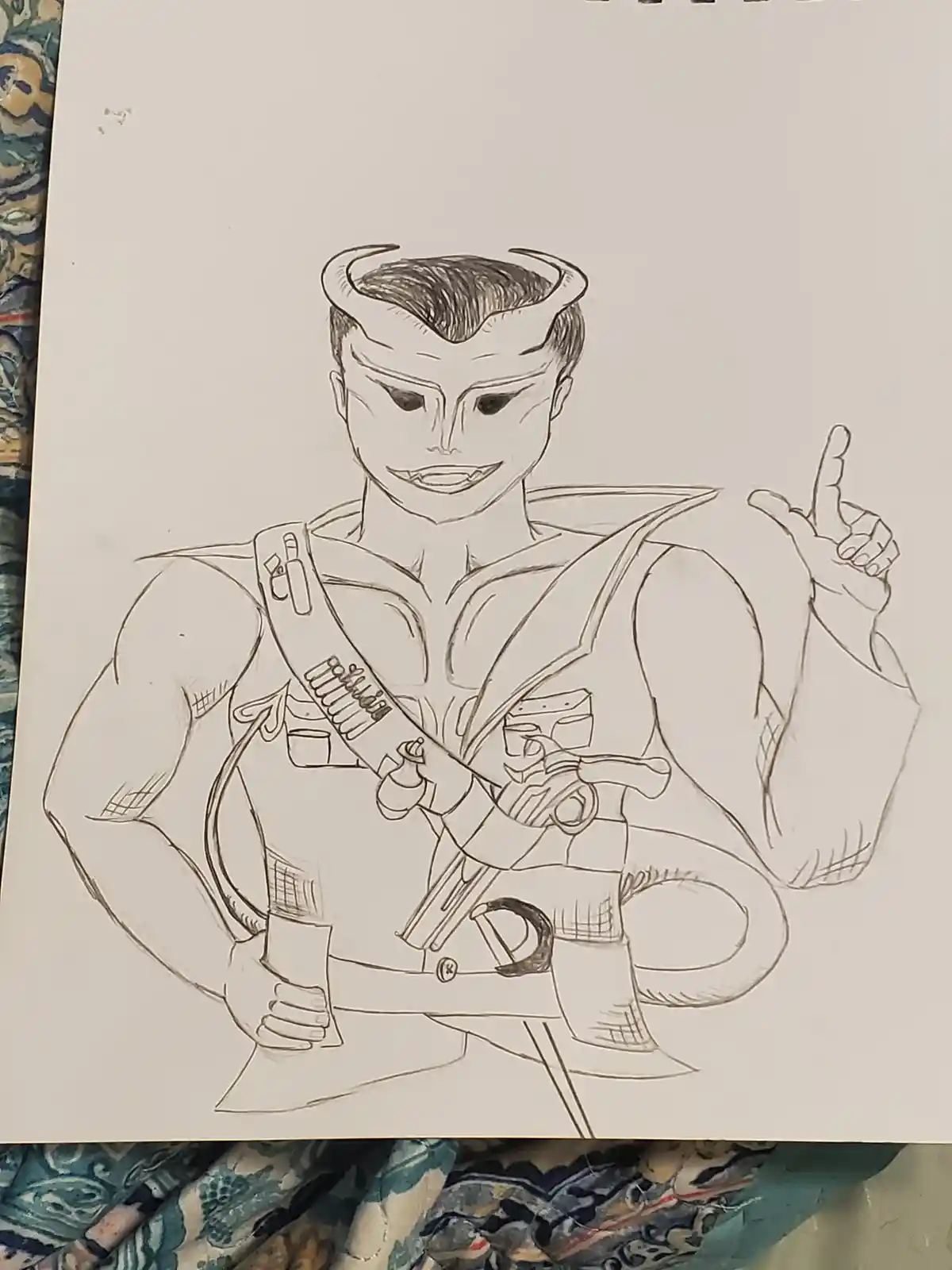 A pencil sketch of a muscular, horned, devil-like humanoid figure with a tail, holding a large revolver and pointing upward…