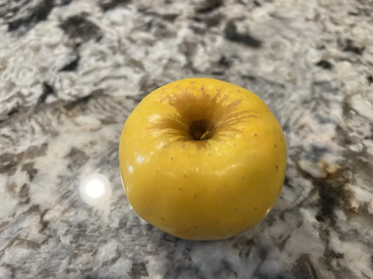 A close-up photo shows a single, bright yellow apple resting on a speckled gray and white granite countertop. The apple has…