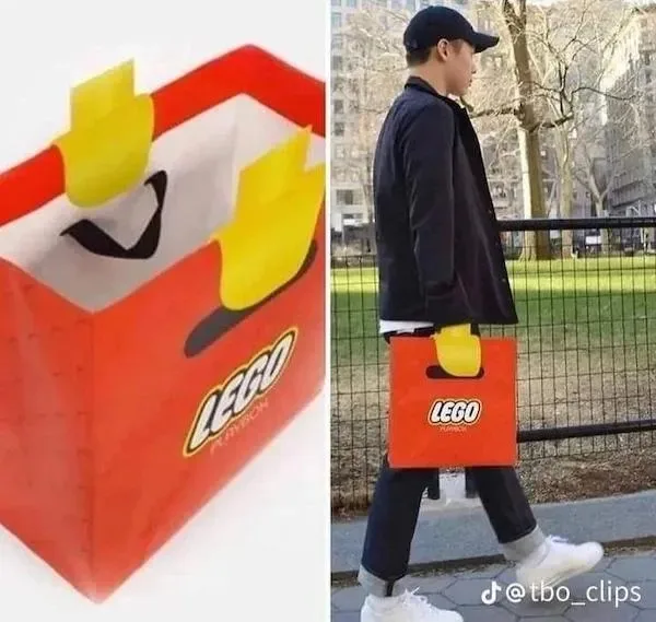 The image is a split-screen meme. On the left, a red LEGO shopping bag is shown with two yellow LEGO minifigure heads…