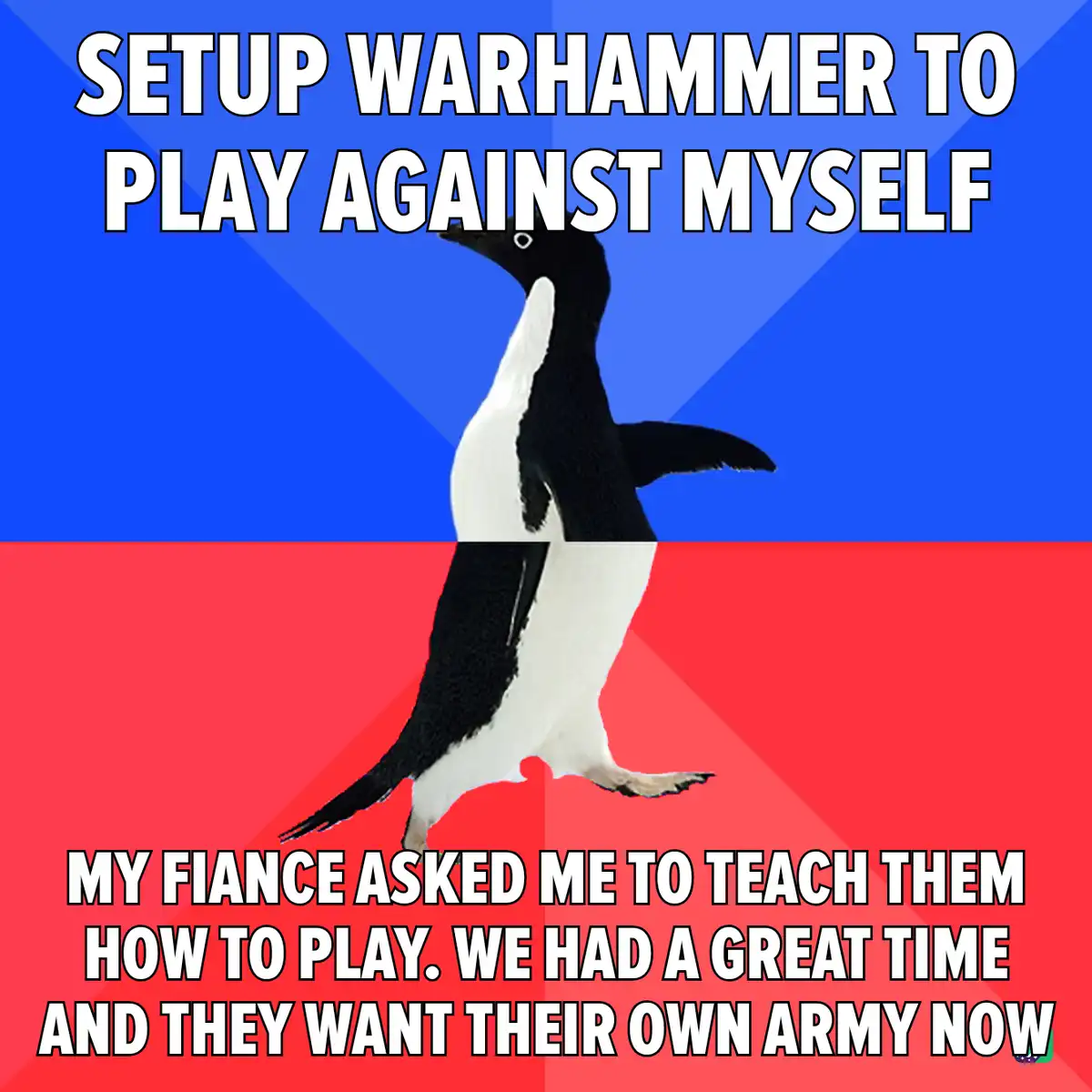 A penguin stands upright against a blue and red background, with bold white text overlaid. The top text reads 'SETUP…