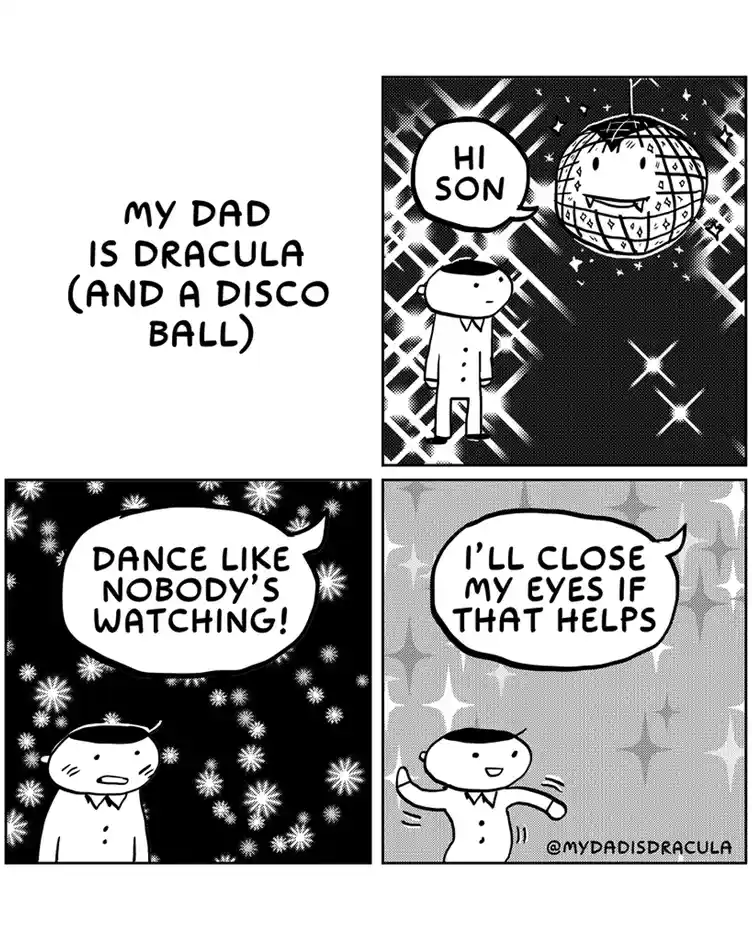 A four-panel comic strip titled 'MY DAD IS DRACULA (AND A DISCO BALL)' shows a son interacting with his dad, who is depicted…