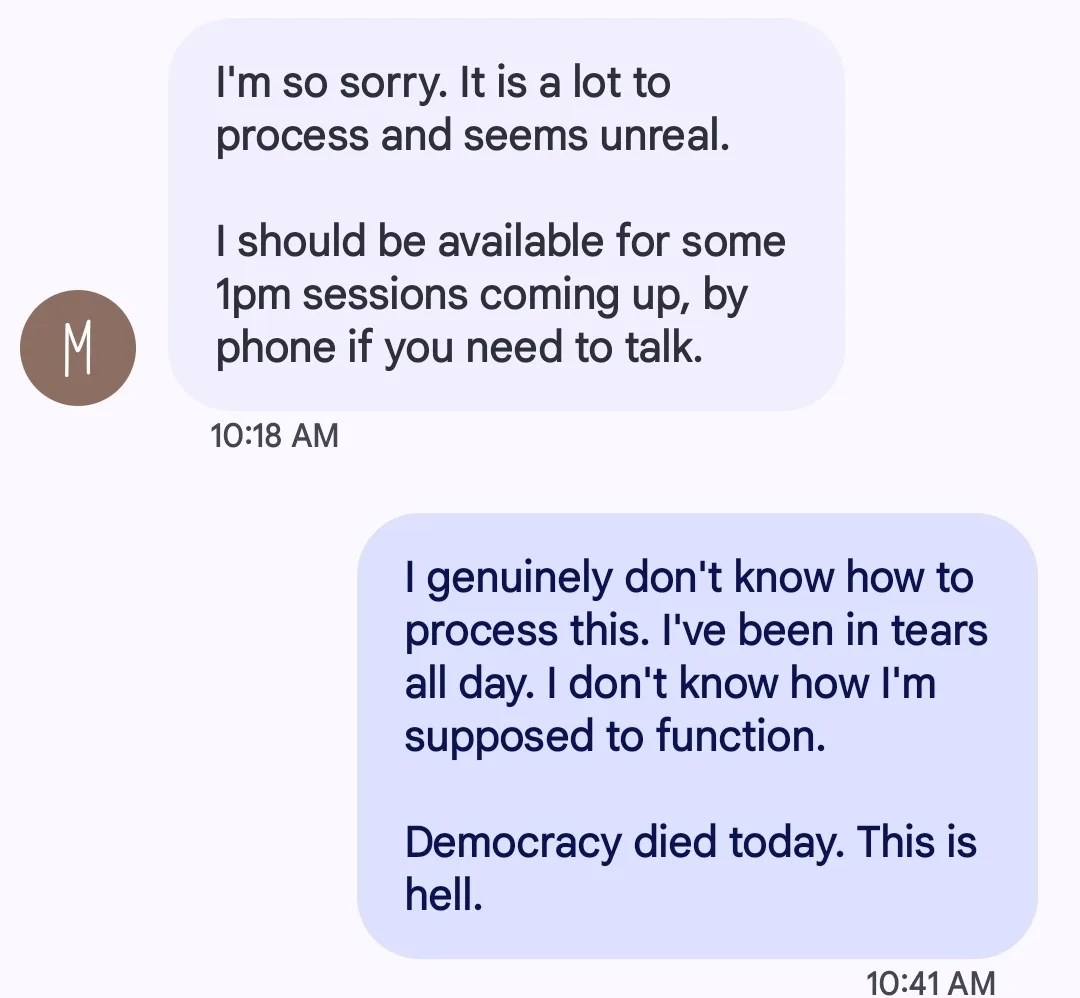 A screenshot of a text conversation shows one person offering support after a traumatic event, suggesting 1pm phone…